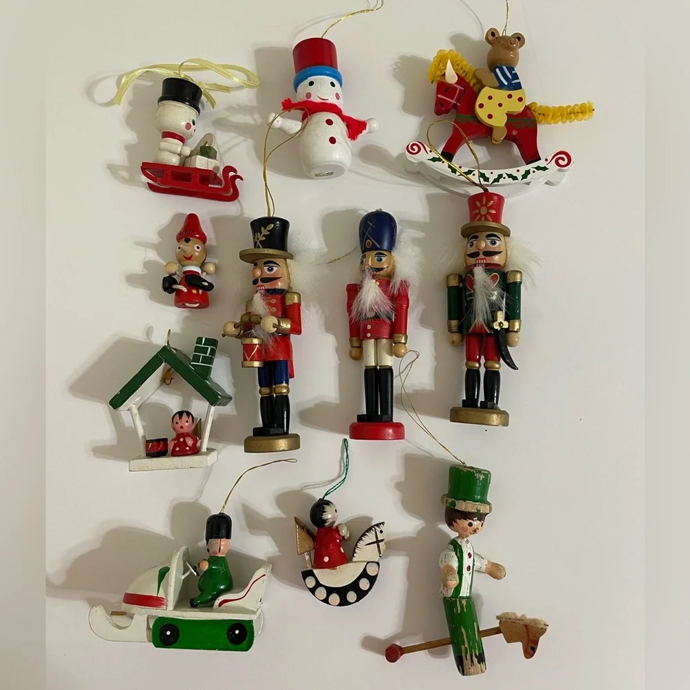 Vintage 1970s/1980s Wood Christmas Ornament Lot Kid Theme
